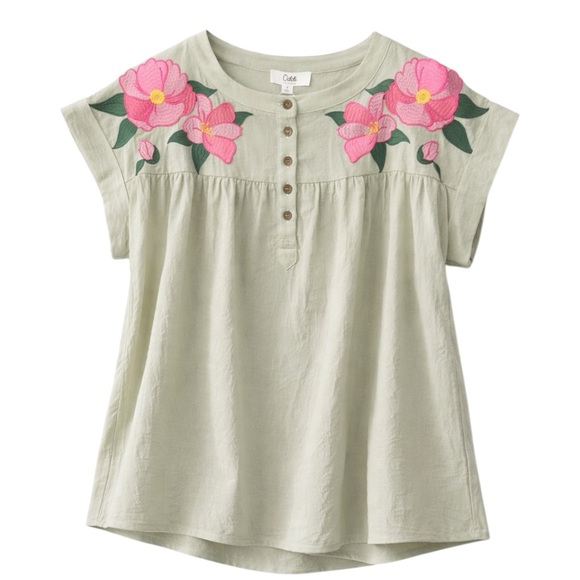 Oddi Tops - Oddi Embroidered Floral Boho Blouse Sage Green Pink Top NWT Small